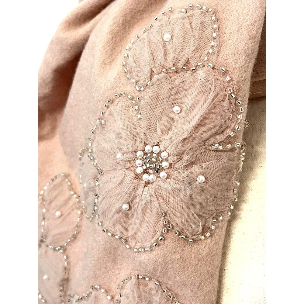 New JOIE Scarf Wrap 100% Wool Blush Pink Beaded Floral Sequin Fringe Soft Winter